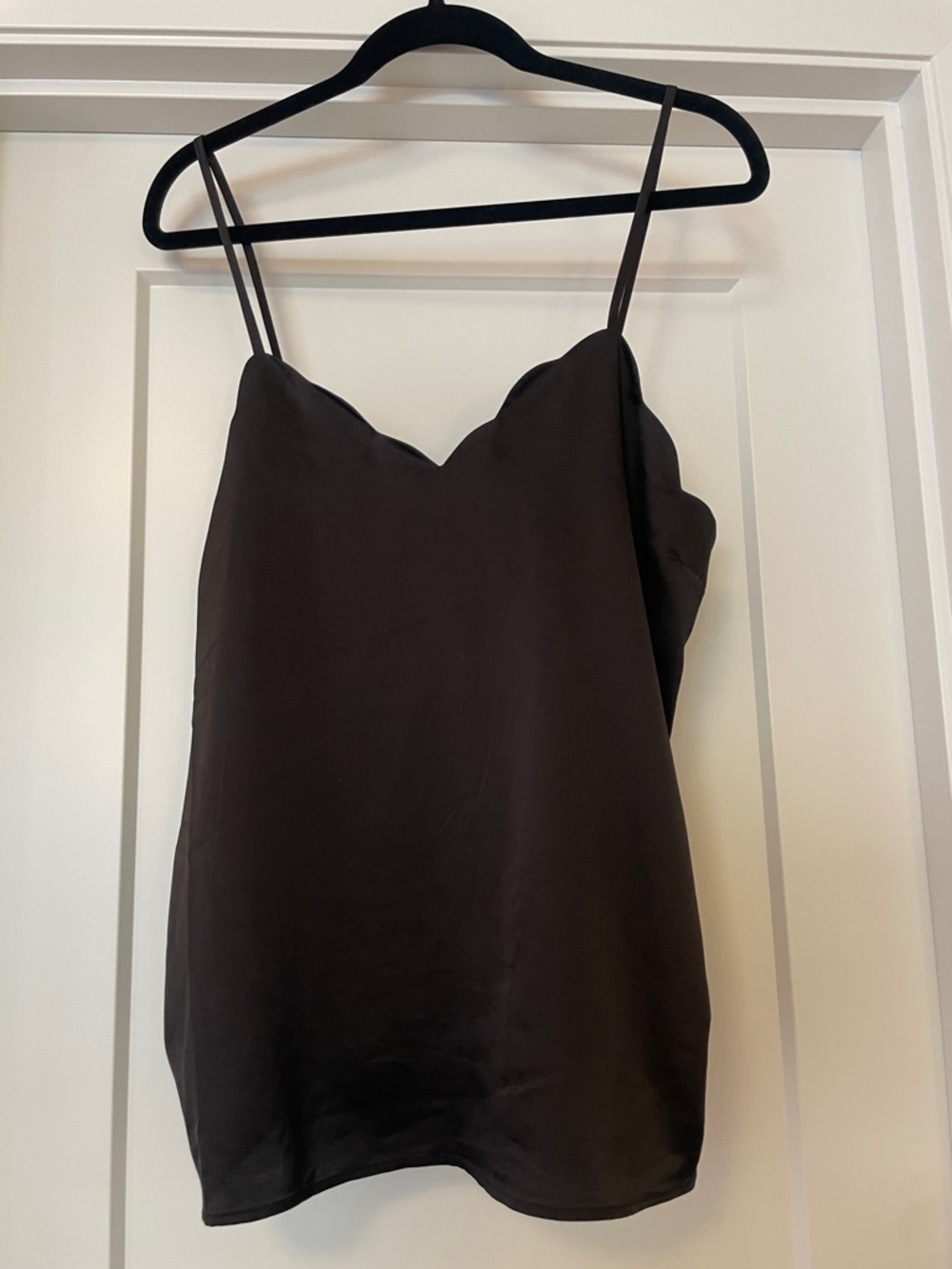 Scallop V-Neck Black Satin Cami Top